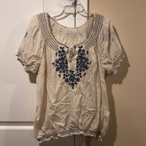 Cream and blue peasant blouse